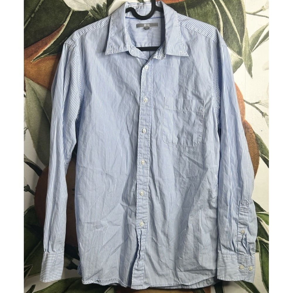 Uniqlo Womens Medium Blue Striped Button Down‎ Shirt Long Sleeve Cotton Casual